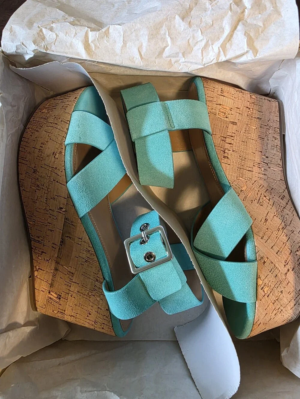 ​Marc Fisher LTD Cacie Light Green Suede Cork Platform Wedge Sandals Size 7.5 M